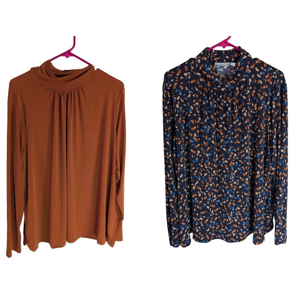 Susan Graver Liquid Knit Mock Neck Tops Women XL 2pk Copper Spice Navy Abstract